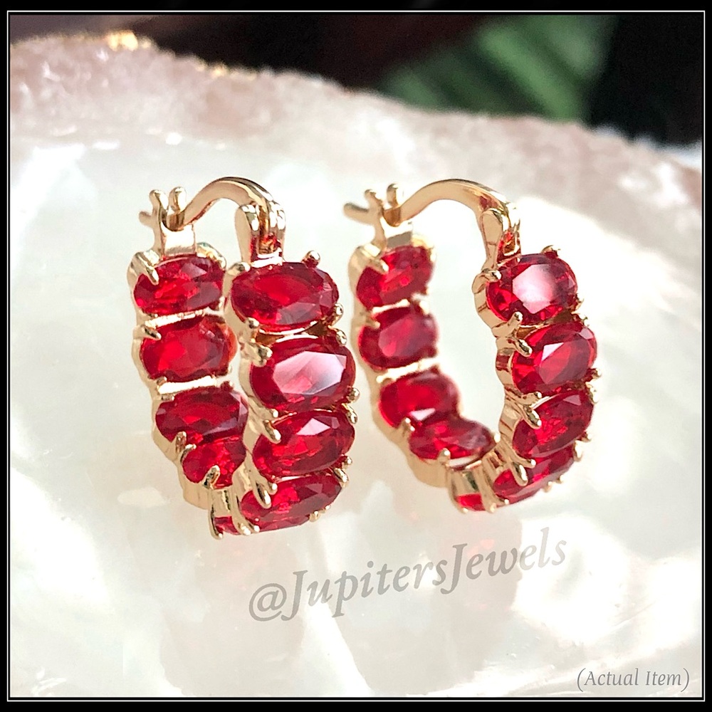 New 14k Gold Red Ruby Stone Huggie Earrings